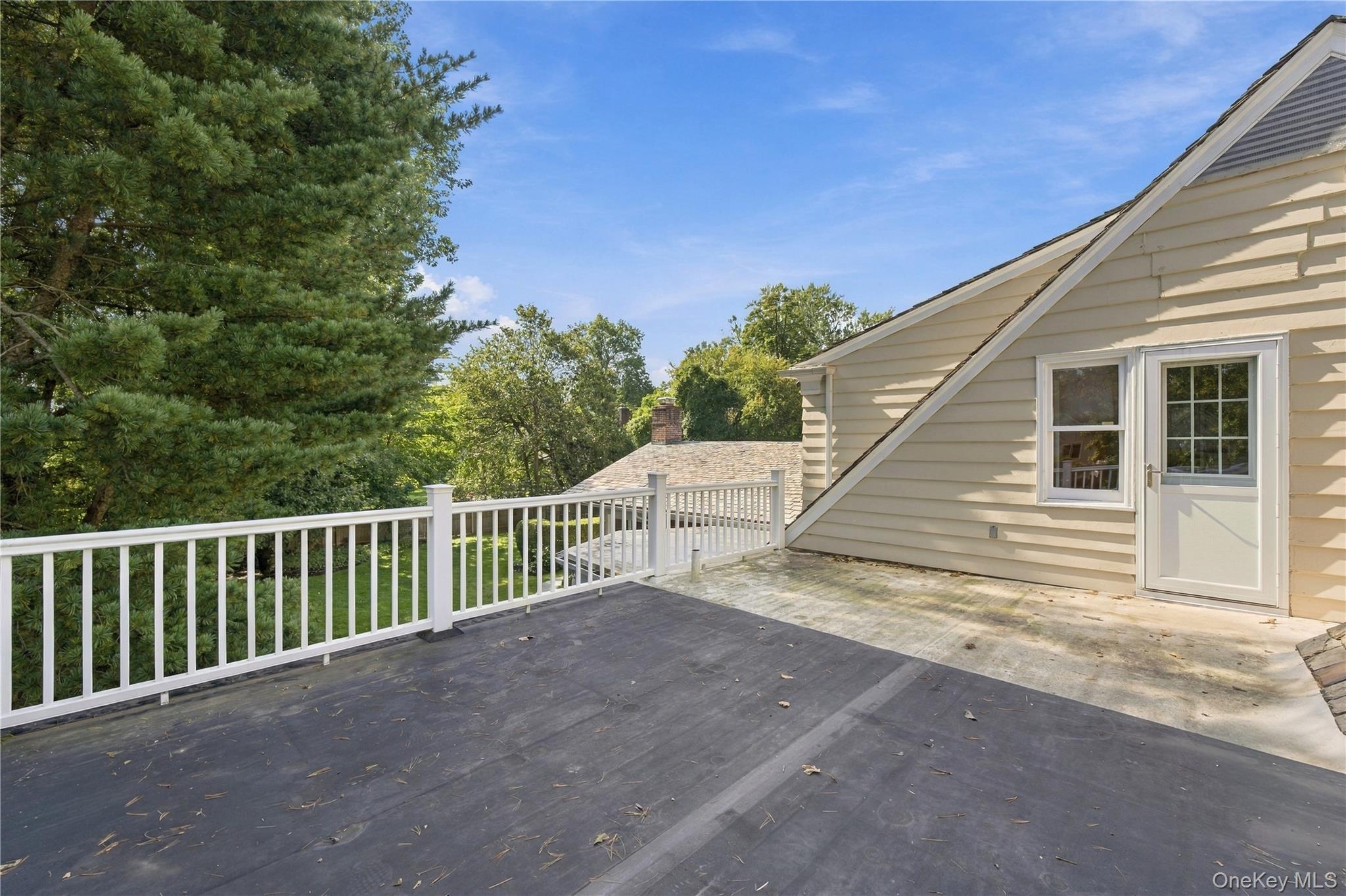 Elevated outdoor terrace featuring white picket-style railing, light-colored horizontal siding, and a multi-pane glass door