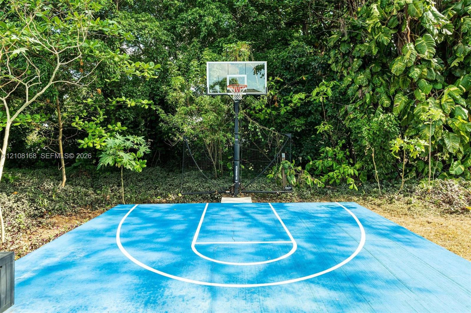 Outdoor basketball court featuring a vibrant blue surface, integrated court markings, and a transparent backboard