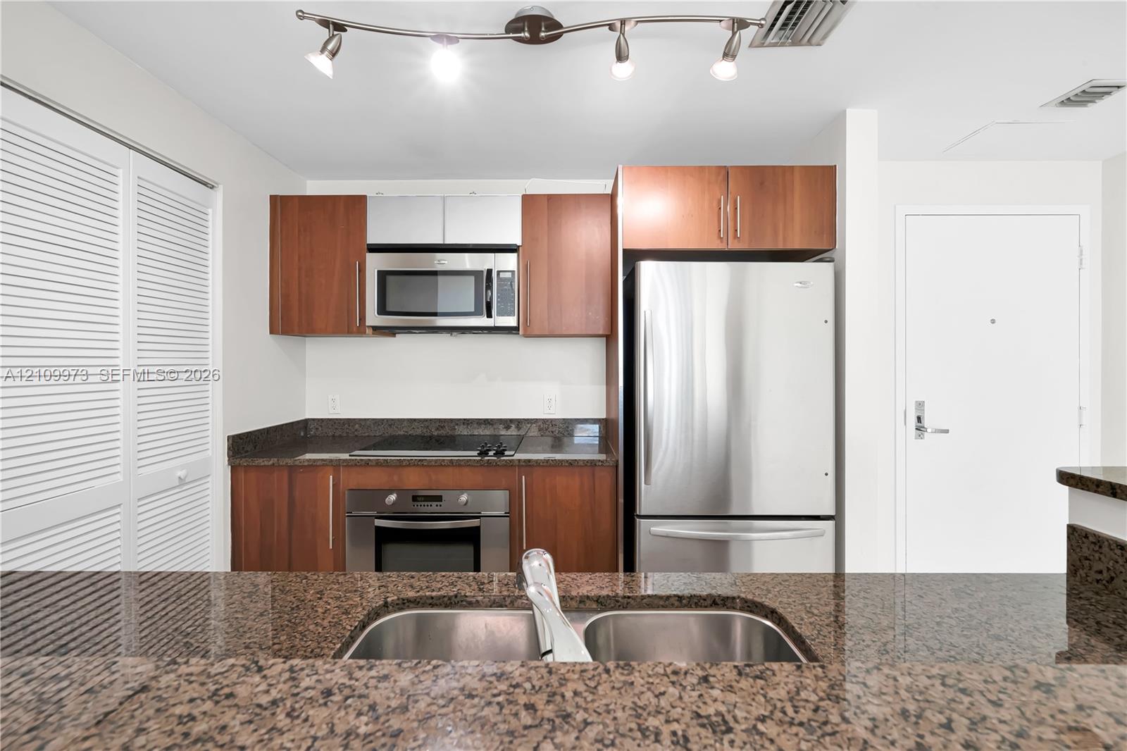 Kitchen featuring natural wood cabinetry, stone countertops, stainless steel appliances, double-basin undermount sink, and track lighting
