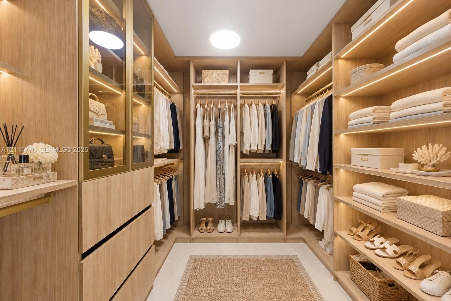 Walk-in closet featuring custom wood-finish cabinetry, integrated linear LED shelving illumination, gold-tone metal hardware, and glass-front display 