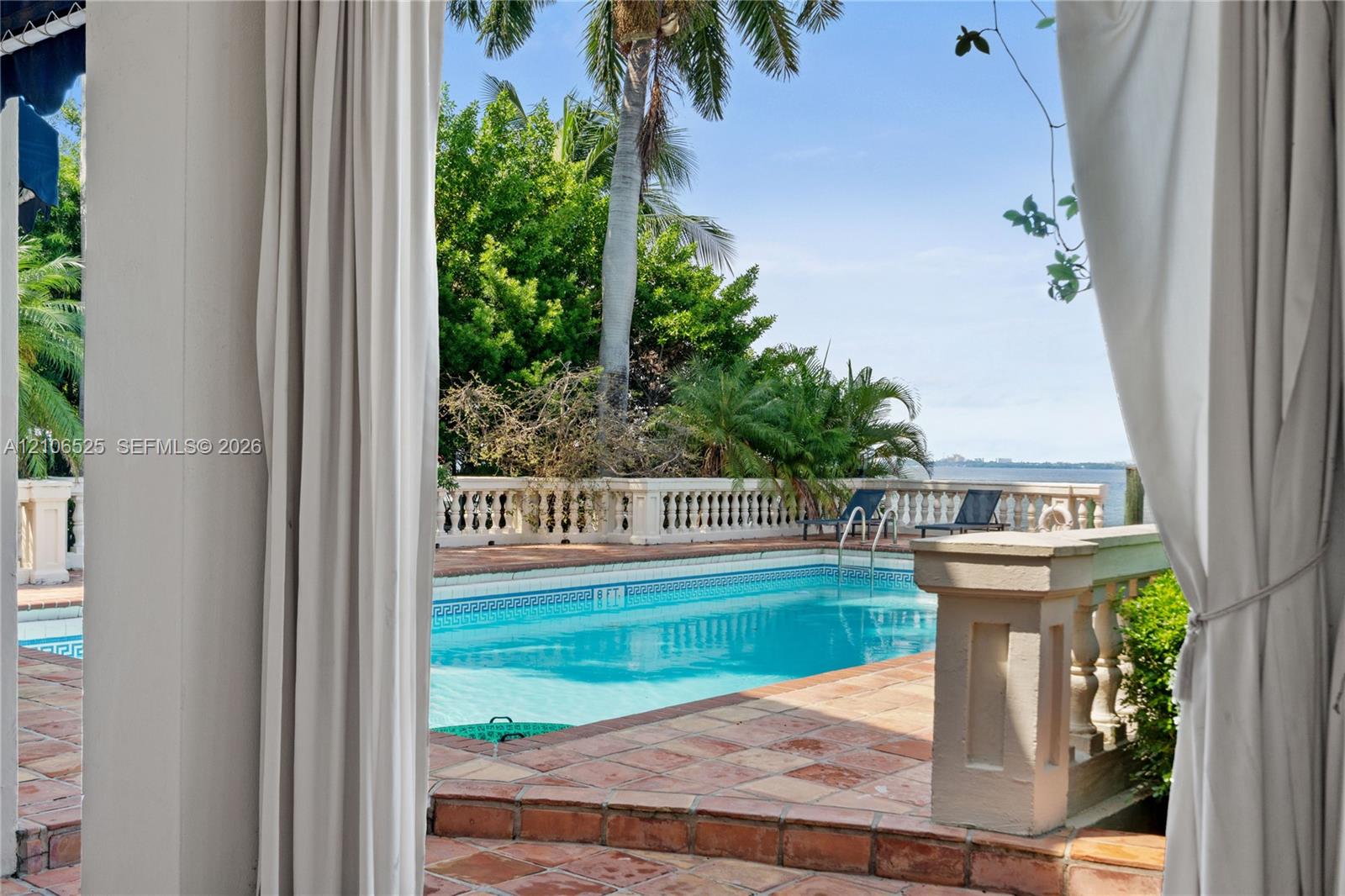 Rectangular swimming pool featuring terracotta tile decking, concrete balustrade fencing, and mature palm trees