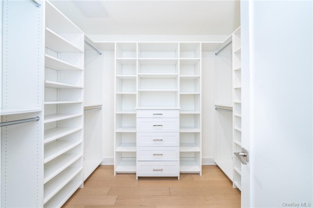 Spacious closet with light hardwood / wood-style flooring