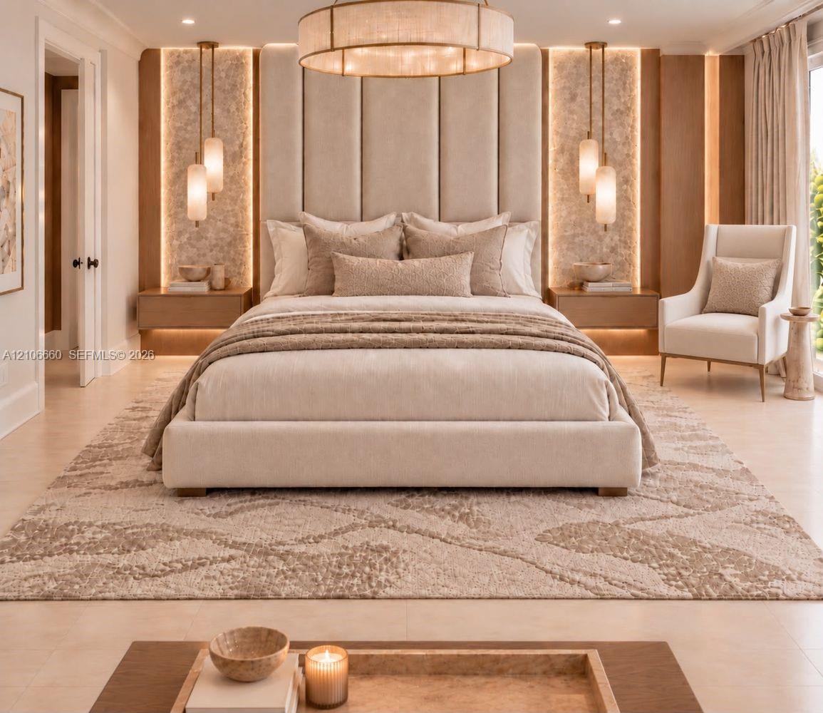 Floor-to-ceiling upholstered headboard, integrated stone accent walls with recessed lighting, suspended wood-finish cabinetry, tiered drum chandelier,
