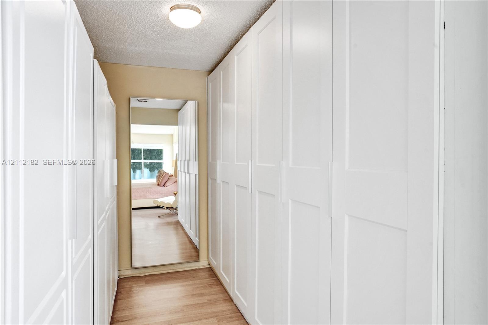 Wall-to-wall built-in cabinetry featuring white shaker-style doors, integrated full-length wall mirror, and wood-finish flooring