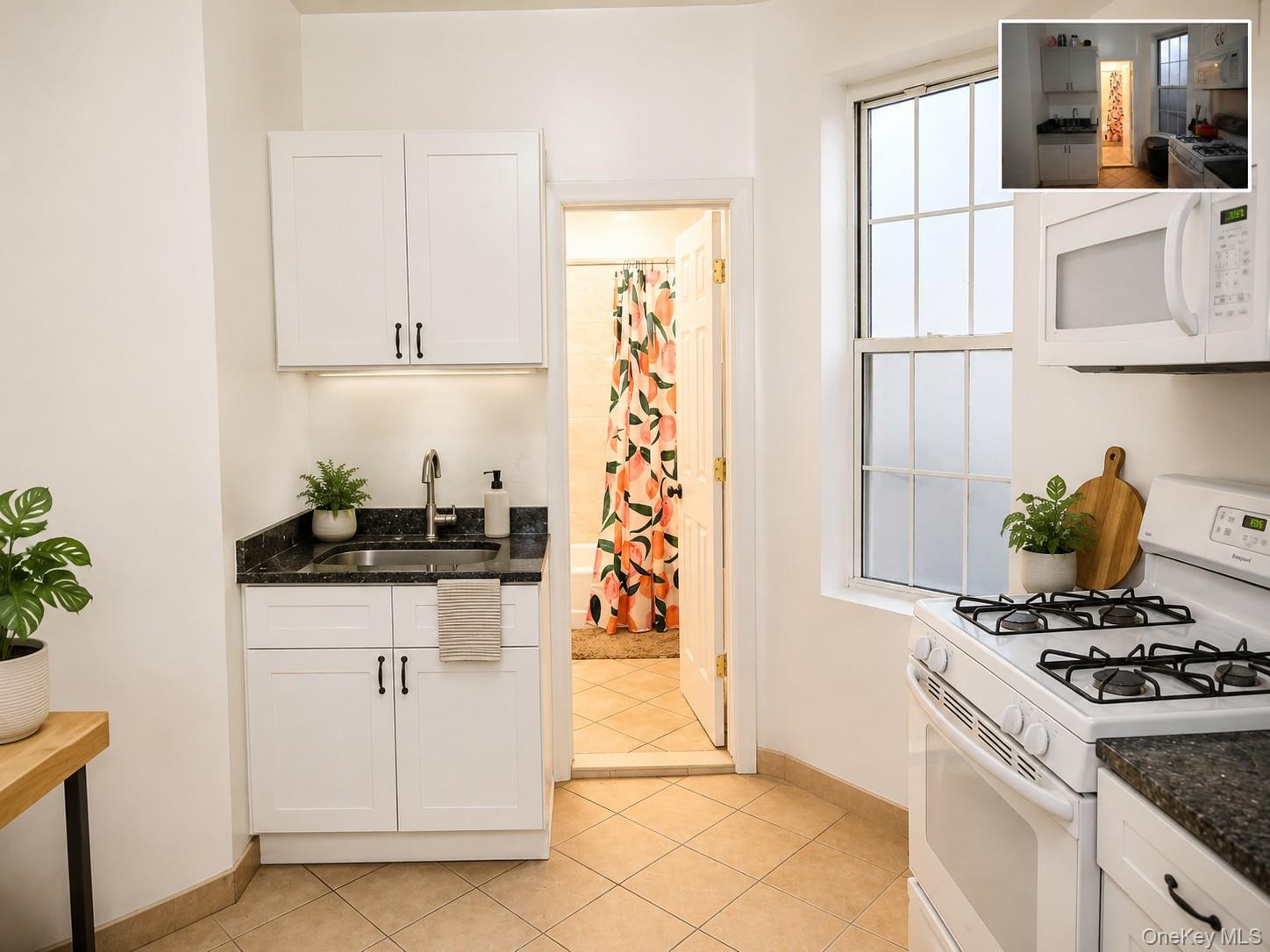Kitchenette featuring white cabinetry, dark granite-finish countertops, and a stainless steel sink with a gooseneck faucet. (virtually staged)