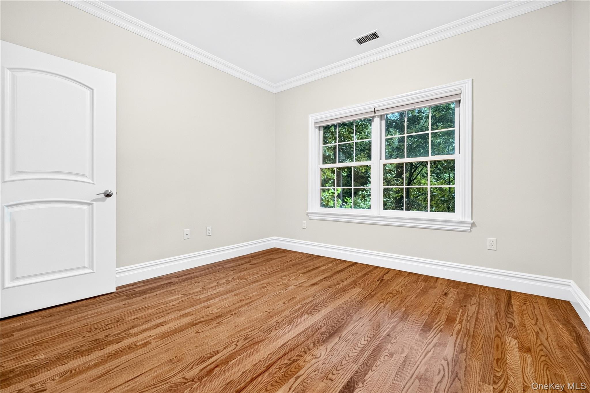Hardwood flooring, crown molding, white trim, window with grid panes, and a paneled door
