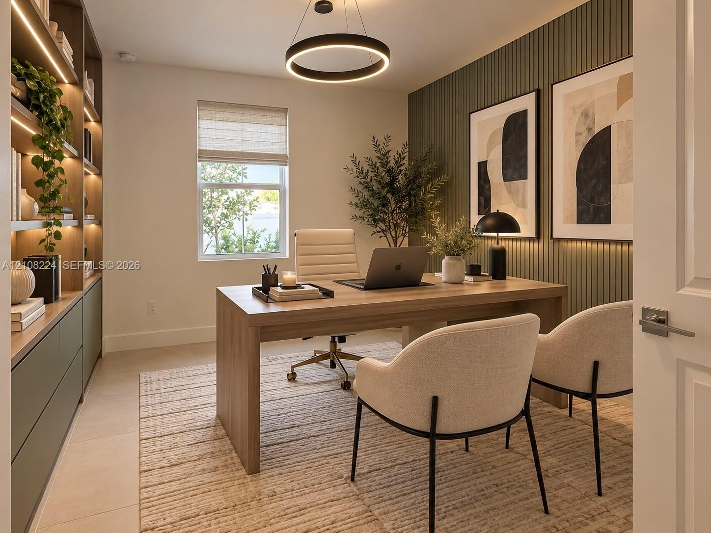 Built-in cabinetry with integrated LED lighting, vertical paneled accent wall, modern circular pendant fixture, and single-hung window with roller sha