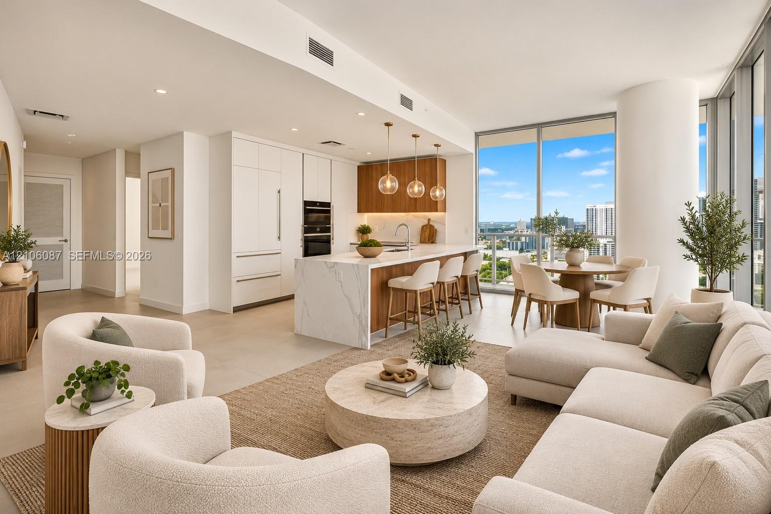 Open-concept kitchen featuring an island with a stone countertop, floor-to-ceiling windows, custom cabinetry, built-in stainless steel double ovens, a