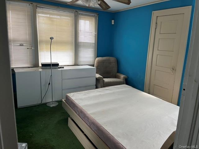 Bedroom featuring ceiling fan, dark colored carpet, ornamental molding, and a closet