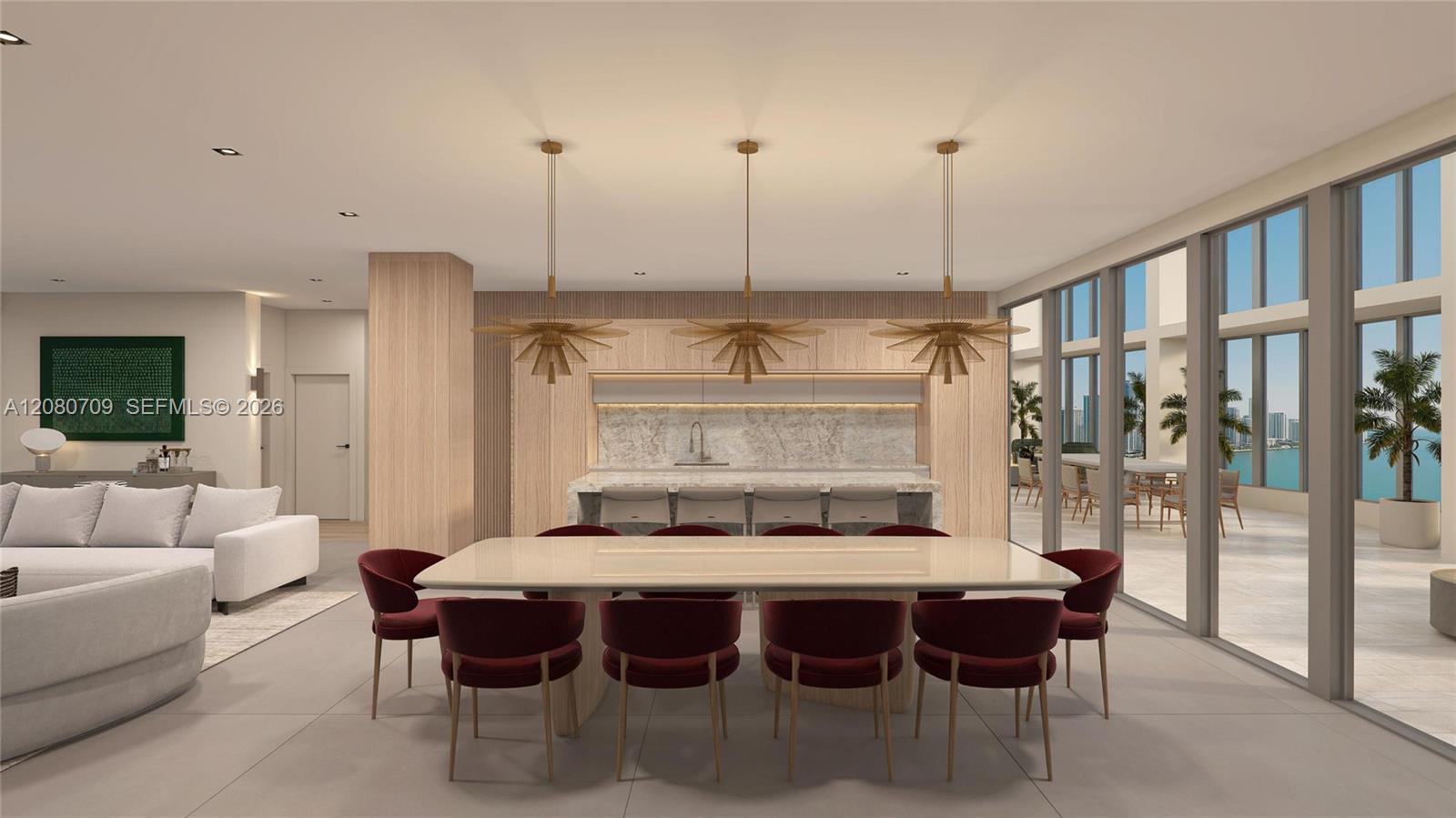 Open-concept living space featuring floor-to-ceiling windows, wood-finish flooring, recessed lighting, and textured wall finishes
